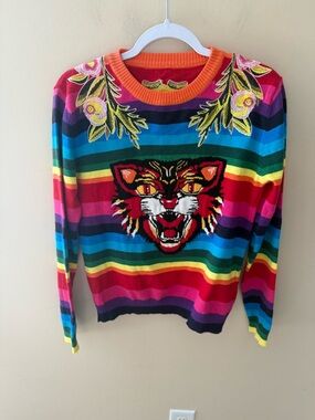 Rainbow Knit Embroidered Tiger Hollywood Sweater womens size Medium?